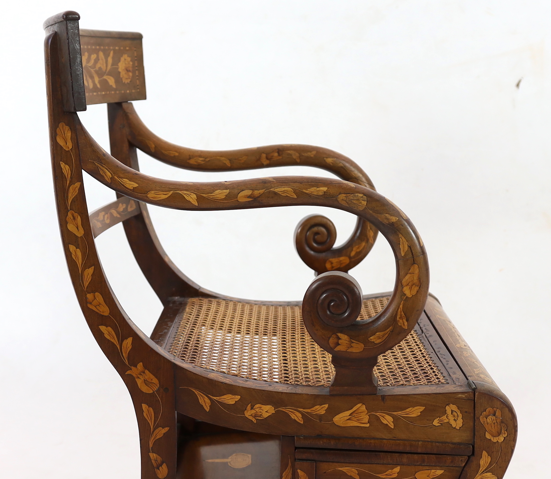 An early 19th century Dutch walnut and marquetry metamorphic library steps chair